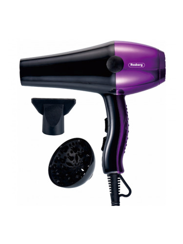 Сешоар с дифузер Rosberg R51100SD, 2000W, 3 темп. настройки, 2 скорости, DC мотор, Черен/лилав