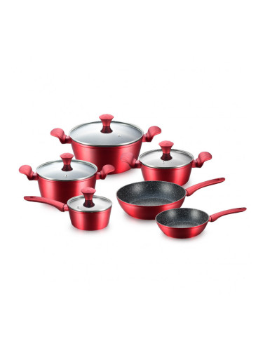 Комплект тенджери и тигани Royalty Line FD10, 10 части, Лят алуминий, Greblon мраморно покритие, Индукция, Червен