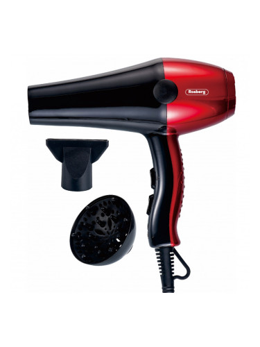 Сешоар с дифузер Rosberg R51100SD, 2000W, 3 темп. настройки, 2 скорости, DC мотор, Черен/червен