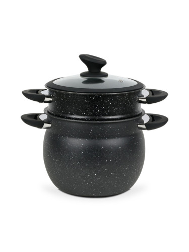 Тенджера за готвене на пара Royalty Line RL-CP6LM, 20 см, 6 литра, 3 части, Мраморно покритие, Индукция, Черен