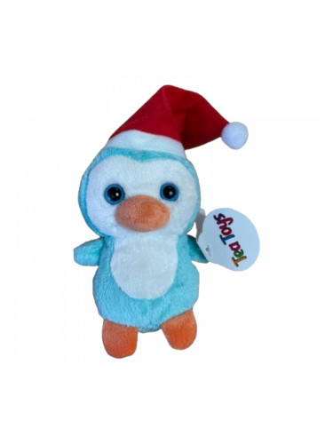 Плюшен пингвин с коледна шапка, син, 15 см