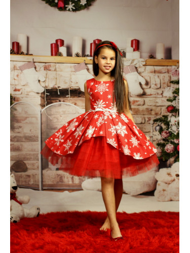 Детска коледна рокля в червено на бели снежинки с тюл в червено