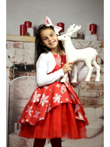 Детска коледна рокля клош в червено със снежинки в бяло с тюл в червен
