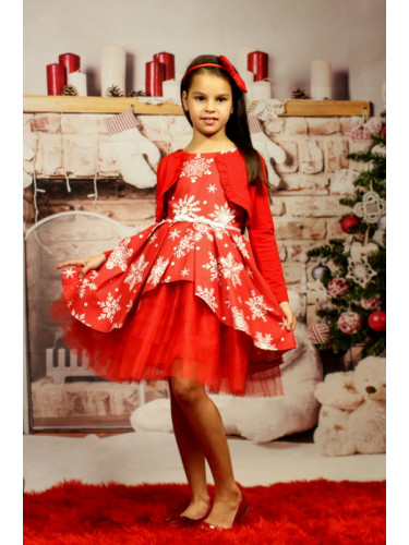 Комплект от коледна рокличка клош в червено със снежинки в бяло с тюл 