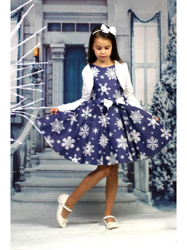 Комплект от коледна рокличка клош в тъмносиньо със снежинки в бяло с б