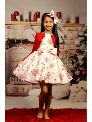 Комплект от рокличка клош за Коледа с червени снежинки и болеро в черв