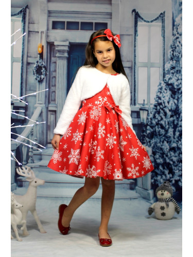 Комплект от коледна рокля в червено със снежинки с болеро в бяло