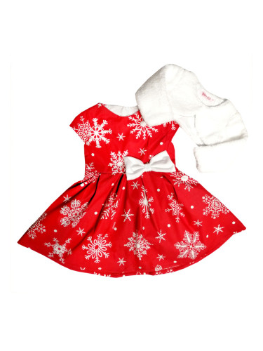 Бебешка коледна рокля в червено със снежинки с пухкаво болеро в бяло