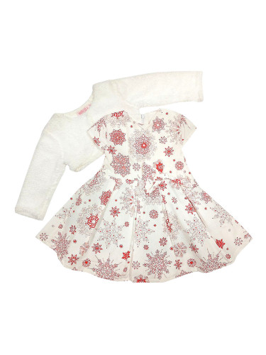 Бебешка коледна рокля в бяло със снежинки и пухкаво болеро в бяло