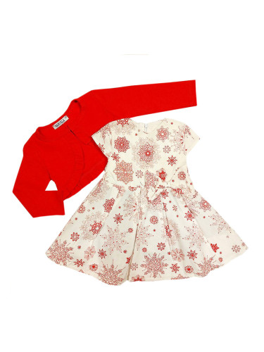 Бебешка коледна рокля в бяло със снежинки и болеро в червено