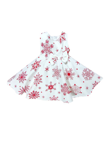 Детска/бебешка коледна рокля в бяло със снежинки в червено