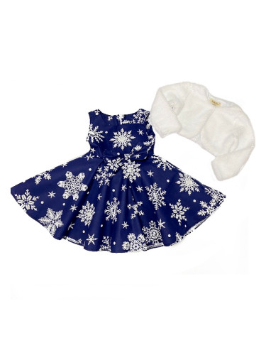 Коледна рокличка в тъмносиньо със снежинки в бяло с пухкаво болеро в б