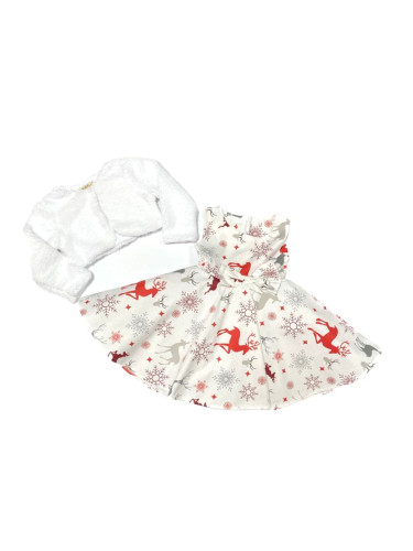 Коледна рокличка в бяло със снежинки и елени с пухкаво болеро