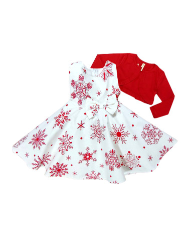 Комплект от рокличка за Коледа с червени снежинки и болеро в червено