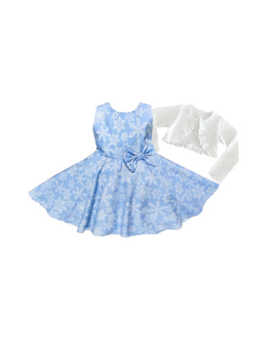 Детска коледна рокля в светлосиньо със снежинки в бяло и памучно бяло 