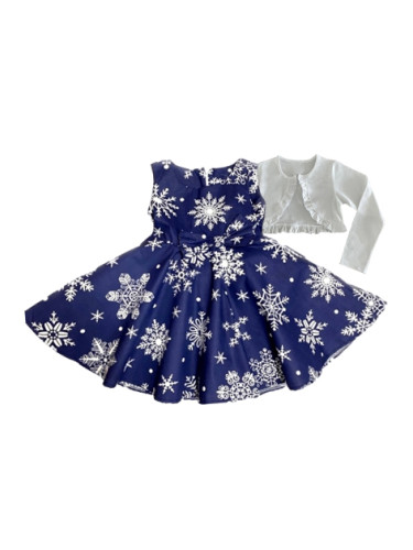Детска коледна рокля в тъмносиньо със снежинки в бяло и памучно бяло б