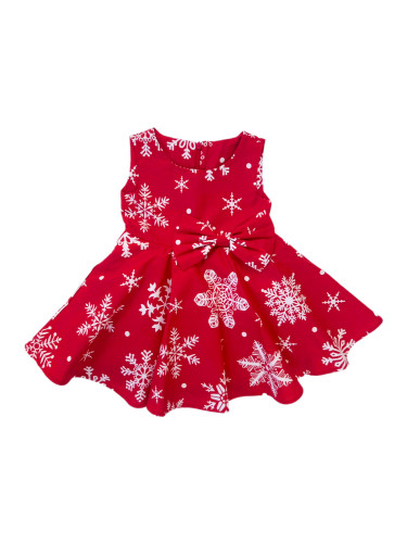Бебешка/Детска коледна рокля тип клош в червено със снежинки в бяло