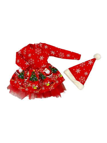 Коледна детска рокля с дълъг ръкав в червено с Дядо Коледа, снежинки 