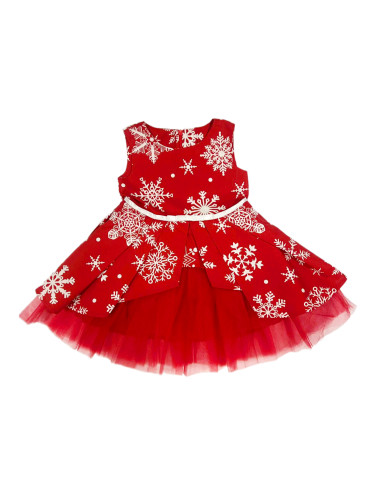 Детска коледна рокля в червено на бели снежинки с панделка и тюл