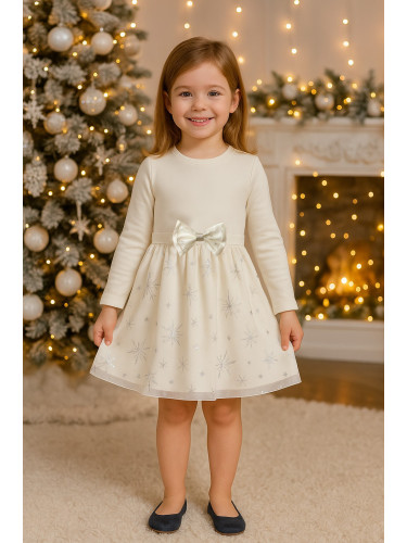 Детска коледна рокля Сандра в екрю с панделка със снежинки в сребристо
