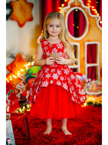 Детска коледна рокля в червено на бели снежинки с тюл в червено и кола