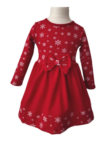 Детска коледна рокля в червено със снежинки в горната част и отдолу