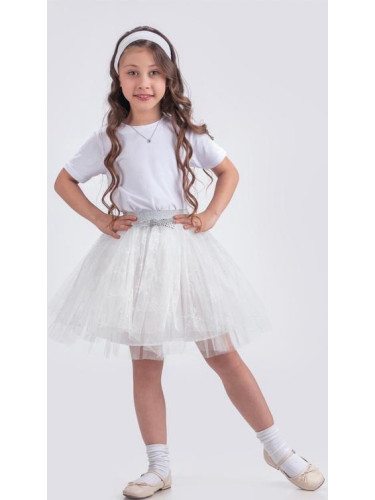 Детска пола за момиче от тюл с блясък и снежинки в бяло Радост