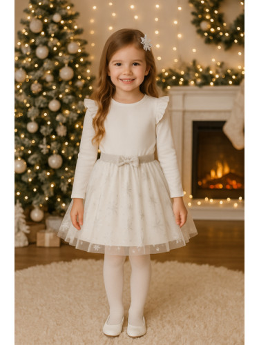 Комплект от 2 части-детска пола от тюл в бяло със снежинки и блузка с