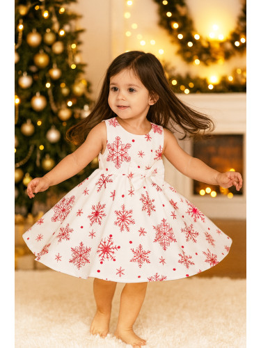 Детска/бебешка коледна рокля клош в бяло с червени снежинки
