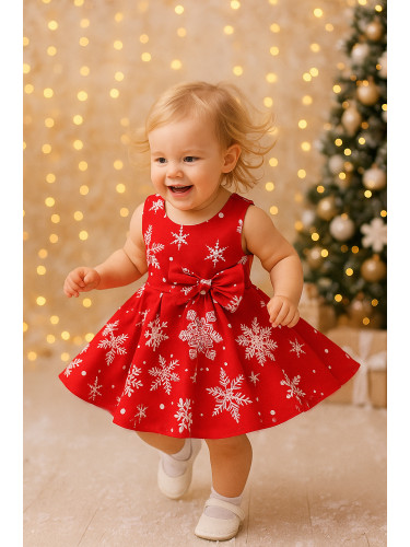 Бебешка/детска коледна рокля тип клош в червено с бели снежинки