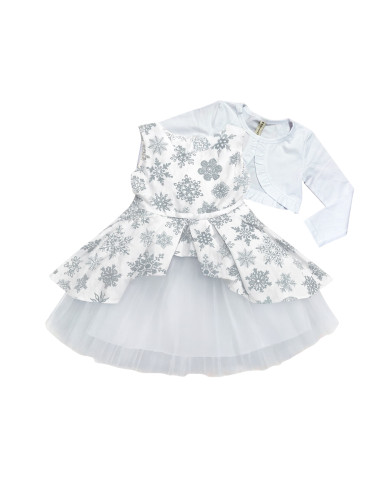 Детска коледна рокля в бяло на сиви снежинки с тюл и коланче и памучно