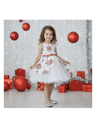  Официална детска коледна рокля Надежда тип клош с тюл в бяло на черве