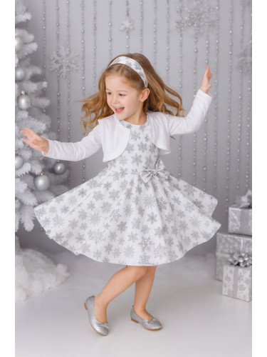 Комплект от рокличка клош за Коледа със сиви снежинки и болеро в бяло