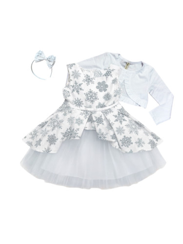 Комплект за момиче от 3 части-детска коледна рокля в бяло на сиви снеж