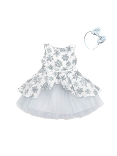 Детска коледна рокля в бяло на сиви снежинки с тюл в бяло и коланче в 