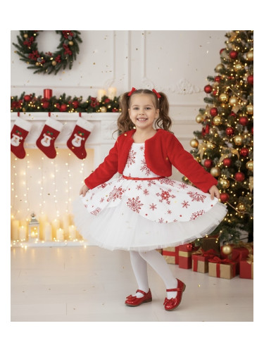 Детска коледна рокля в бяло на червени снежинки с тюл и коланче и пухк