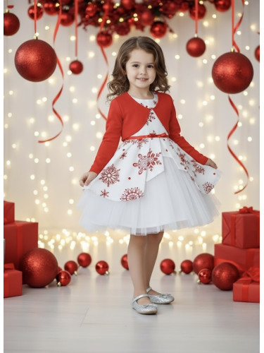 Детска коледна рокля в бяло на червени снежинки с тюл и болеро в черве