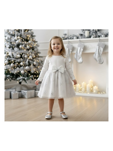 Коледна детска рокля Сандра в цвят екрю с панделка и снежинки в сребри