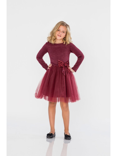 Официална детска рокля в бордо с ефектен плат и панделка Contrast