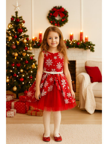 Детска коледна рокля в червено на бели снежинки с панделка и тюл Надеж
