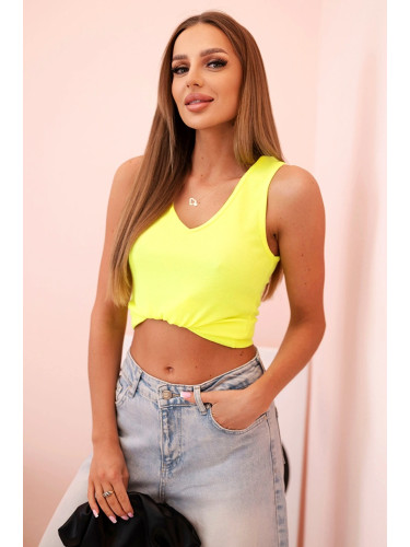 Дамски памучен потник с V-образно деколте в неоново жълто