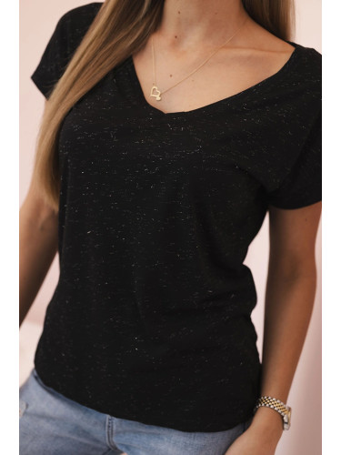 Дамска памучна блуза с V-образно деколте, черна