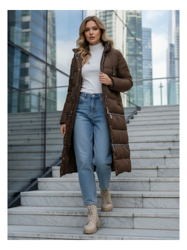 Дамско кафяво зимно яке с качулка