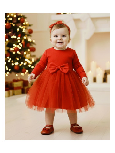  Официална детска рокля с дълъг ръкав Дантеса в червено с богат тюл 