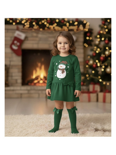 Ватирана коледна детска рокля в зелено със снежен човек и панделка