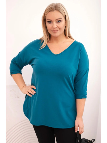 Kesi Women's cotton Plus Size blouse with a V-neck and rolled-up sleeves sea green