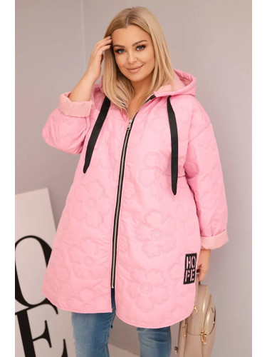 Kesi Włoski Women's Plus Size quilted jacket with a hood and the word HOPE candy pink