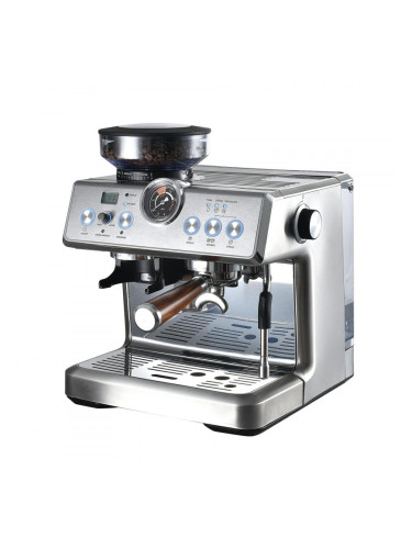 Еспресо машина Finlux FEM-1965M, 2450W, Италианска ULKA помпа 20 bar, 2.2 л, 250 гр, Вградена мелачка с 15 настройки, Инокс