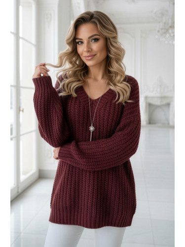 Бордови оувърсайз пуловер с V-образно деколте