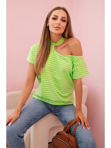 Kesi One-shoulder striped cotton women's blouse with a choker green